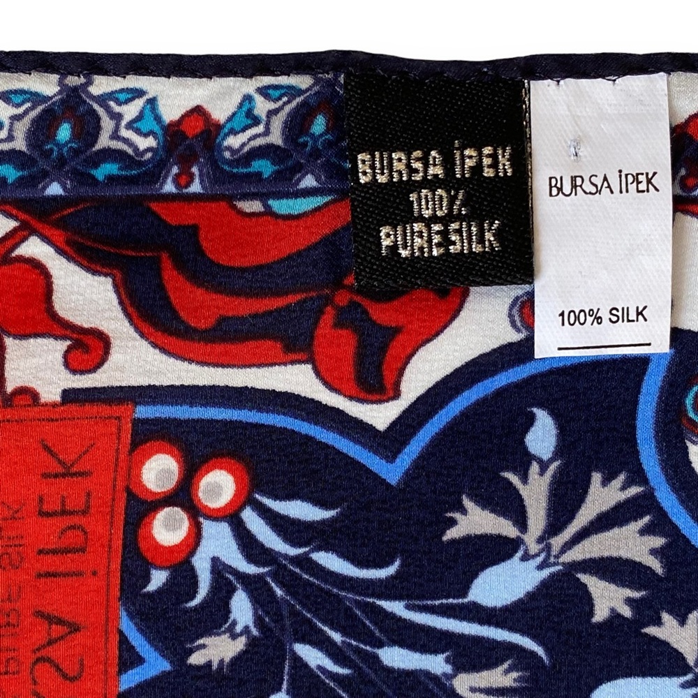Bursa Ipek 100% Pure Silk Foulard Scarf Turkish Motif Design Red Blue White - Picture 6 of 9